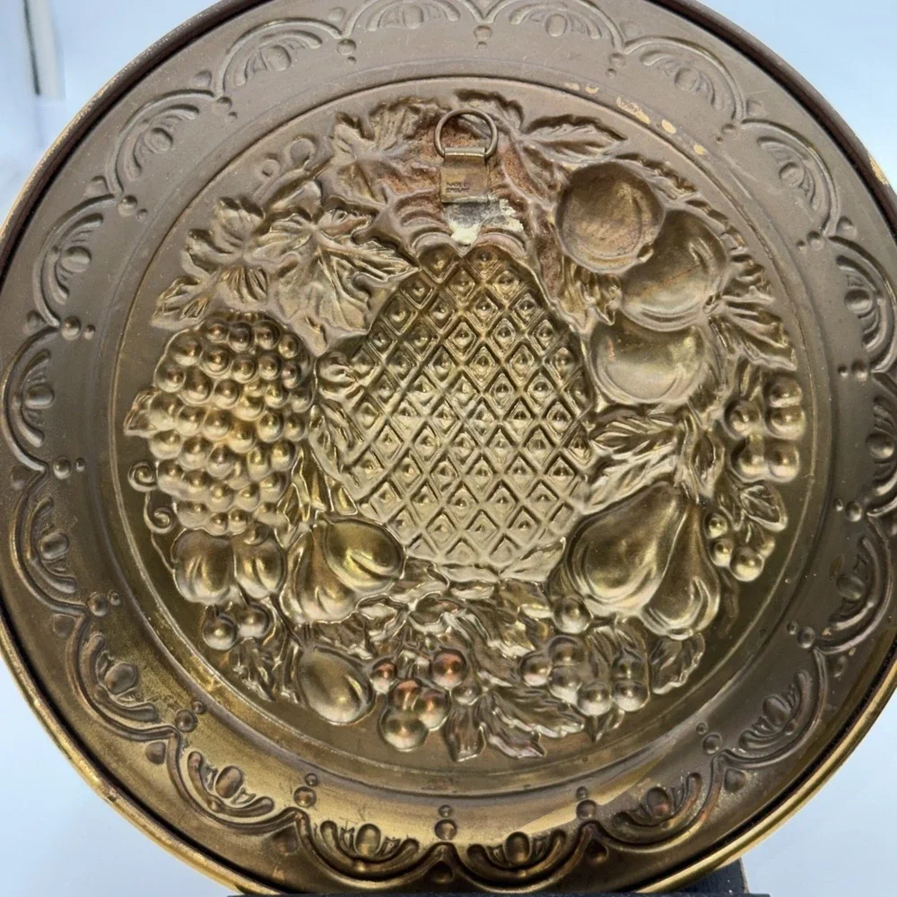 Vintage Brass Wall Plates Made in England Fruit Relief Pair 10.5